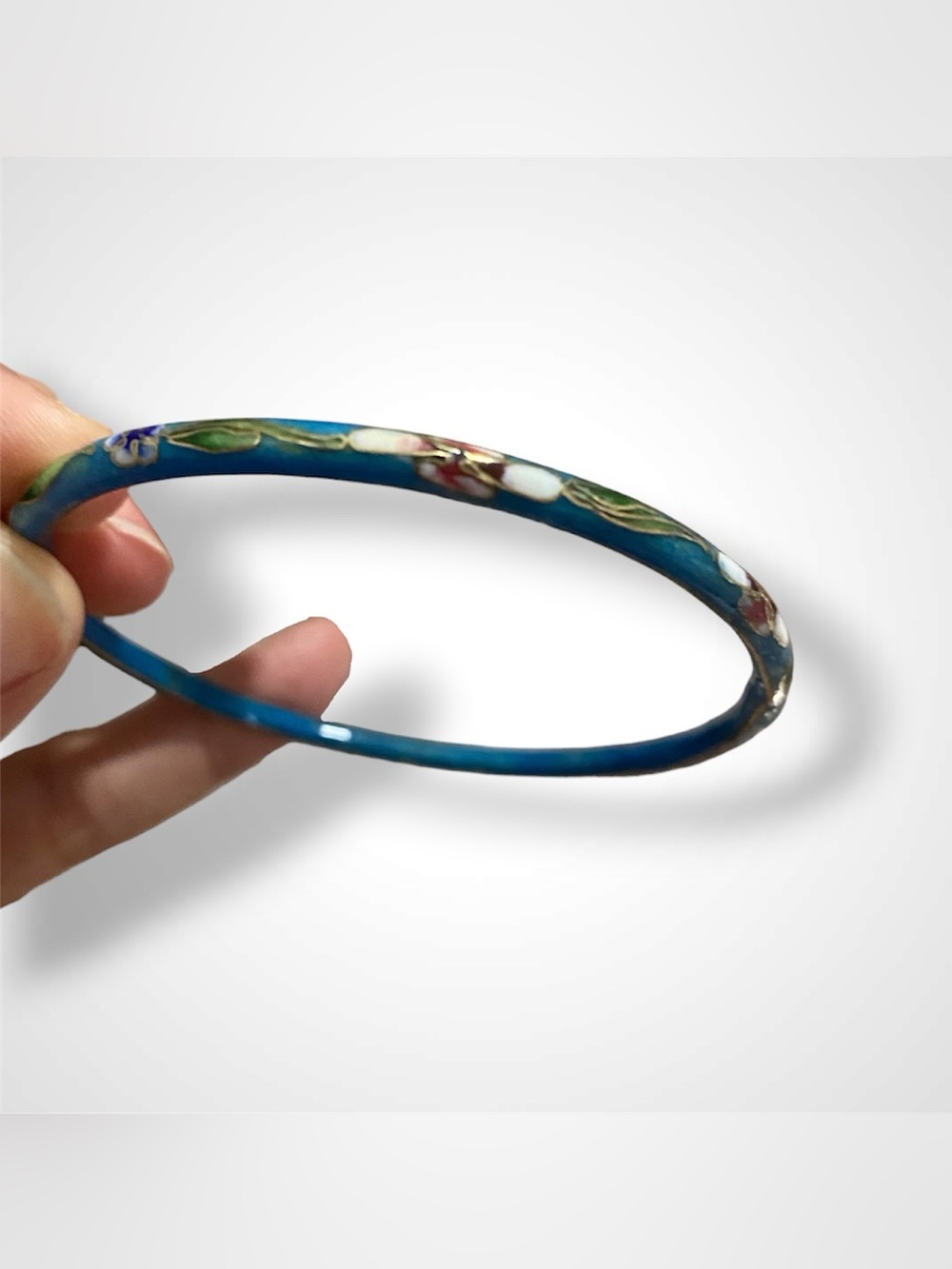Vintage Blue Floral Cloisonné Bangle Bracelet - 1970’s